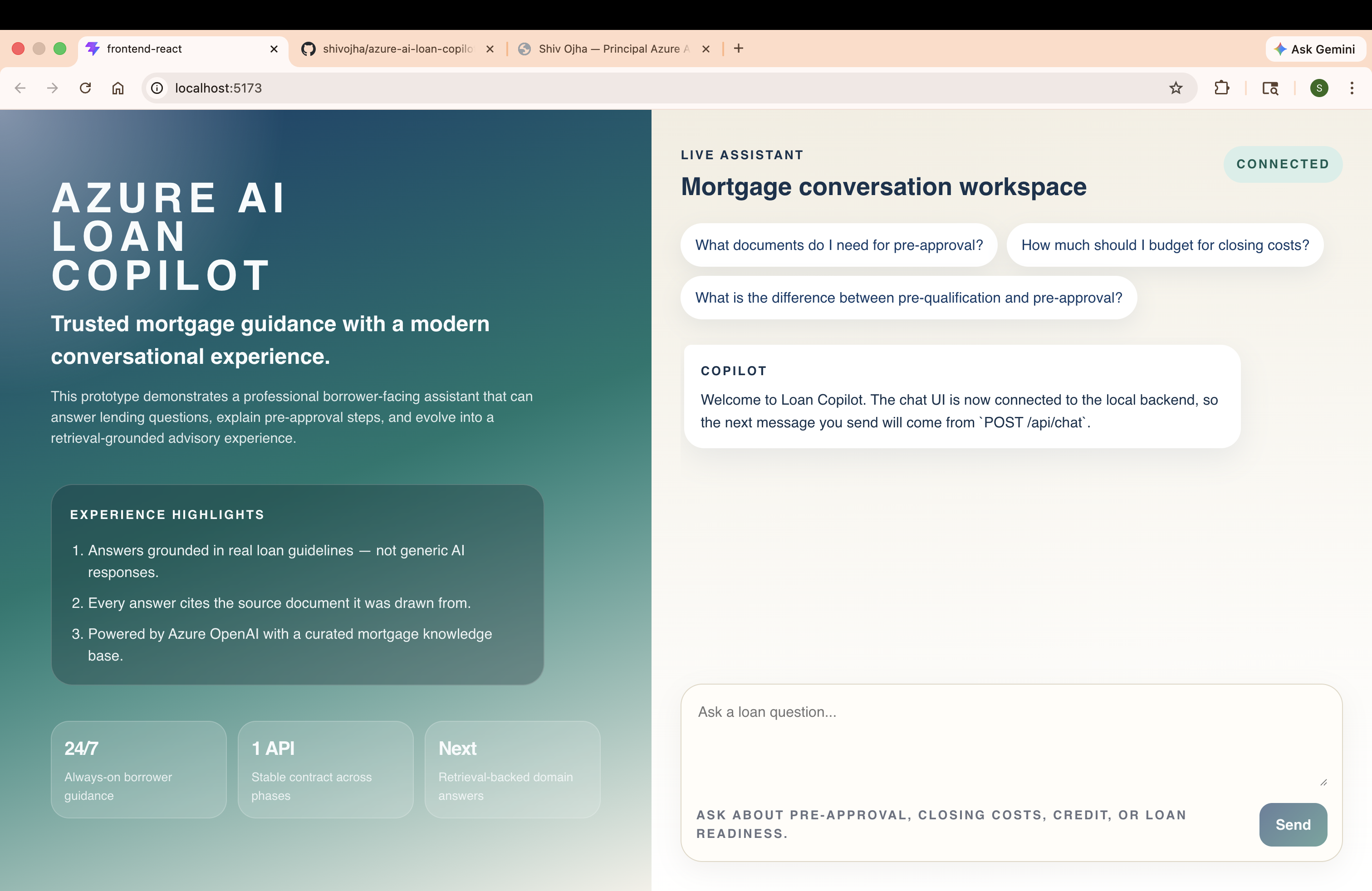 MortgageIQ — Home Screen with grounded answer and source chips